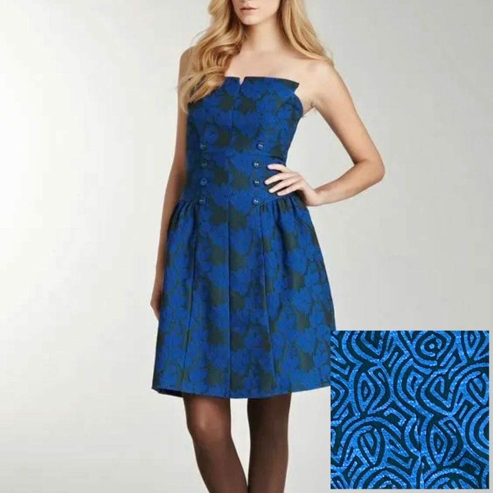 Eva Franco Tanzia Dress in Blue Black Geometric Print